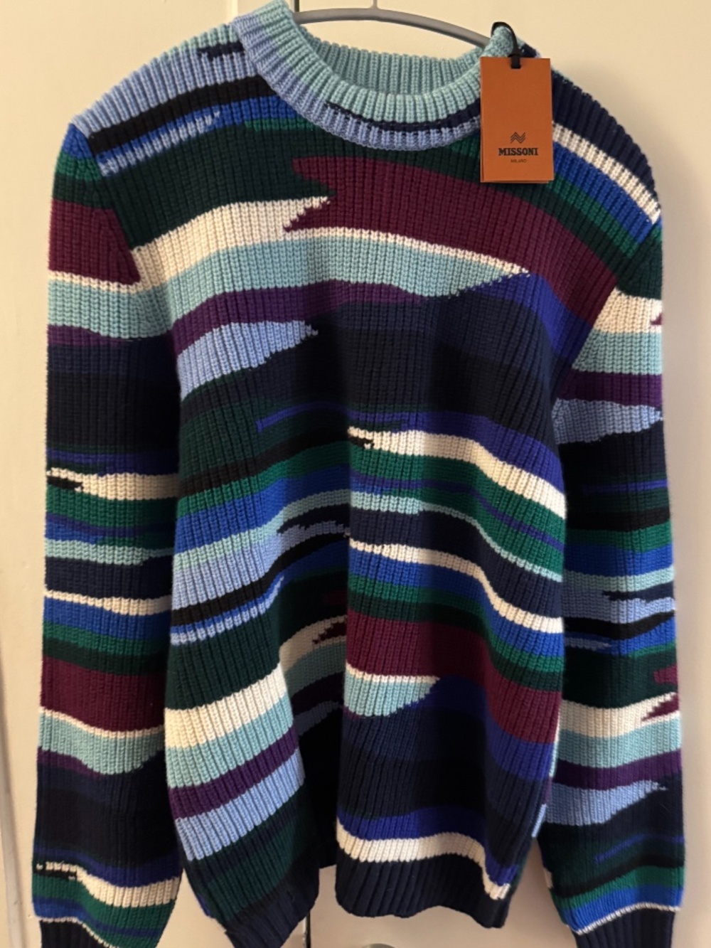 Missoni Wool Crew Neck Sweater Multicolor Wave Stripe IT 50 NWT Italy